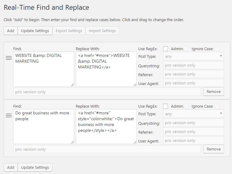 add hyperlinks to text in wordpress real time find replace